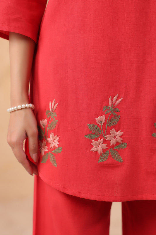 Coral Red Minimal Floral Embroidered Cotton Flex Co-ord Set