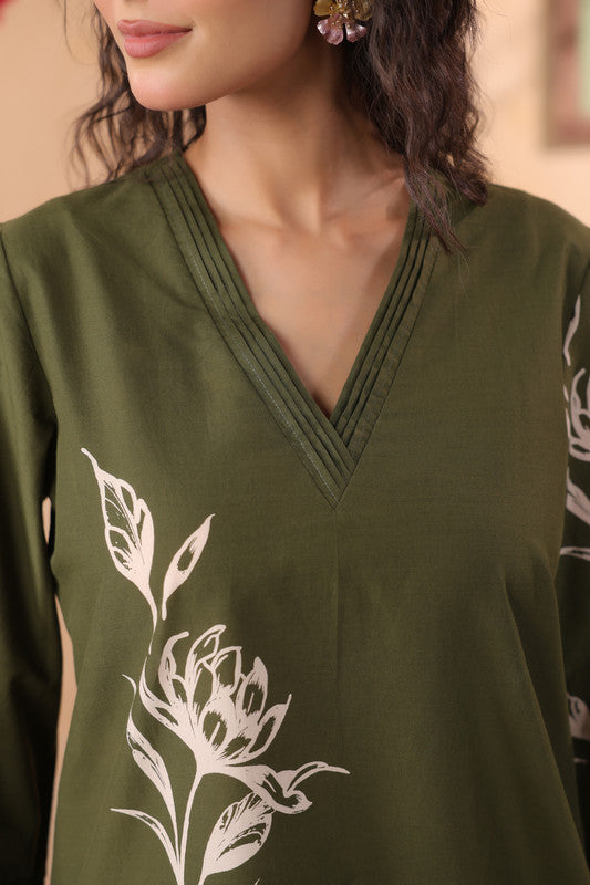 Olive Green Artistic Floral Printed Cotton Co-ord Set