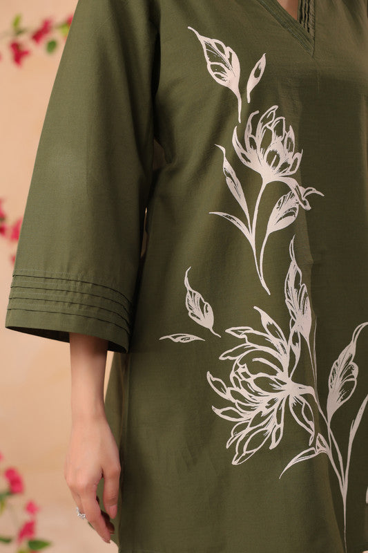 Olive Green Artistic Floral Printed Cotton Co-ord Set