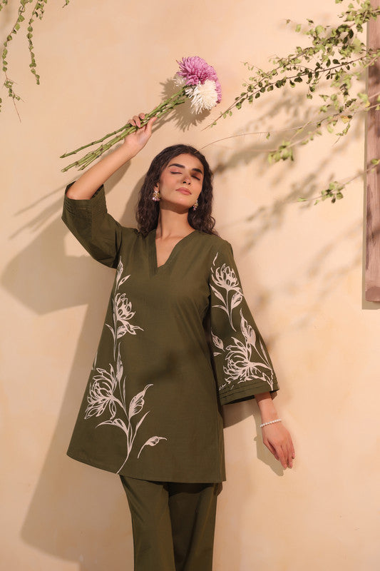 Olive Green Artistic Floral Printed Cotton Co-ord Set