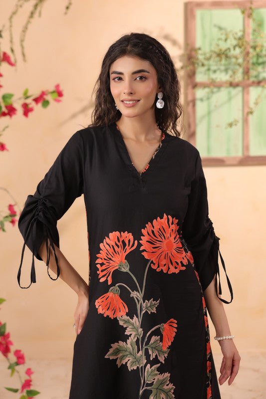 Black Floral Motif Cotton Co-ord Set with Tie-Up Sleeves