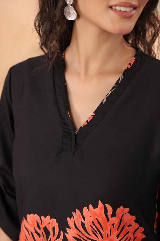 Black Floral Motif Cotton Co-ord Set with Tie-Up Sleeves