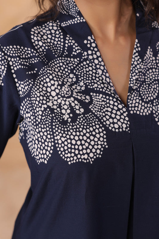 Navy Blue Elegant Floral Cotton Co-ord Set