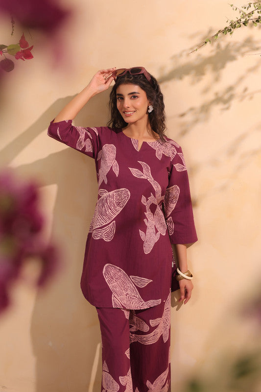 Purple Fish Motif Printed Cotton Co-ord Set