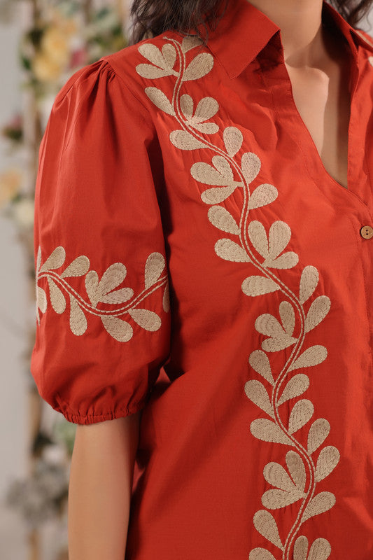 Rust Leaf Printed Cotton Co-ord Set with Puff Sleeves