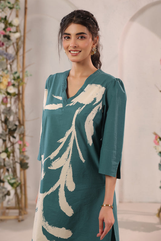 Teal Abstract Floral Printed Cotton Co-ord Set