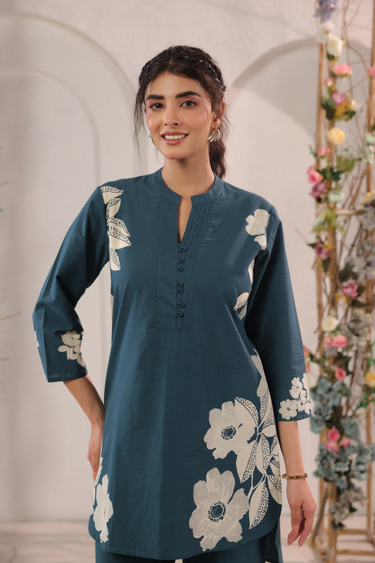 Teal Elegant Floral Printed Cotton Co-ord Set