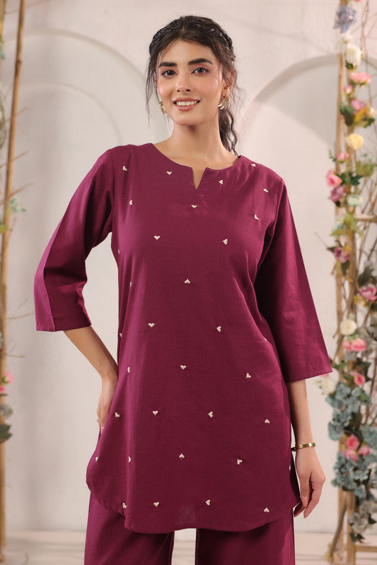 Wine Minimal Heart Motif Embroidered Cotton Flex Co-ord Set