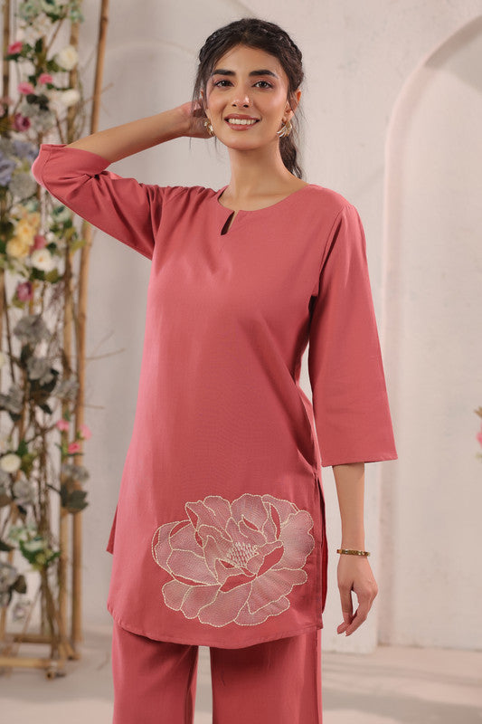 Dusty Peach Floral Motif Embroidered Cotton Flex Co-ord Set
