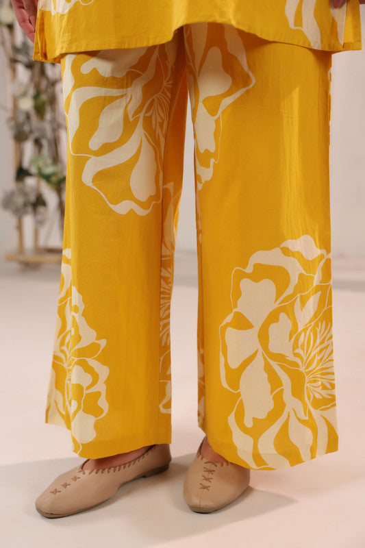 Mustard Yellow Large Floral Printed Cotton Co-ord Set with Button Placket