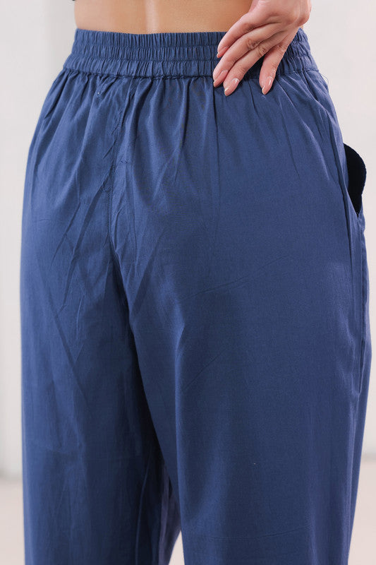 High Rise Blue Solid Straight Fit Cotton Pants
