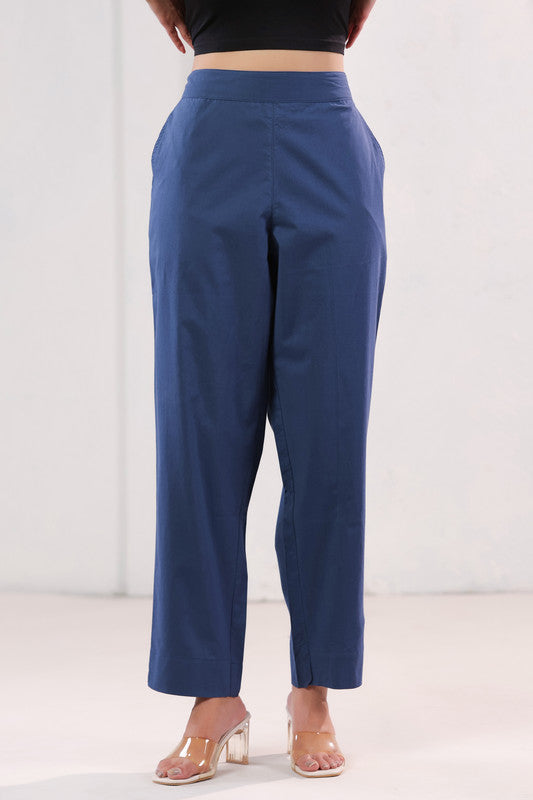 High Rise Blue Solid Straight Fit Cotton Pants