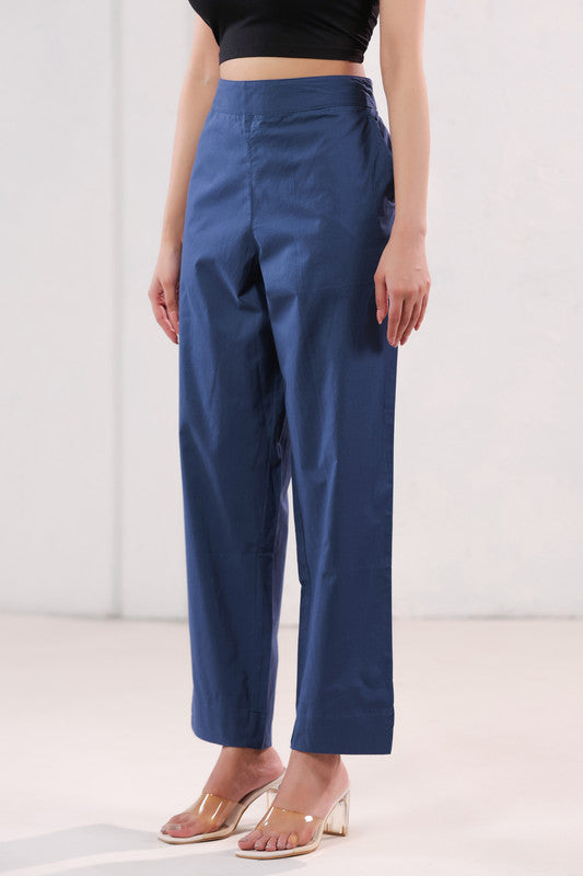 High Rise Blue Solid Straight Fit Cotton Pants