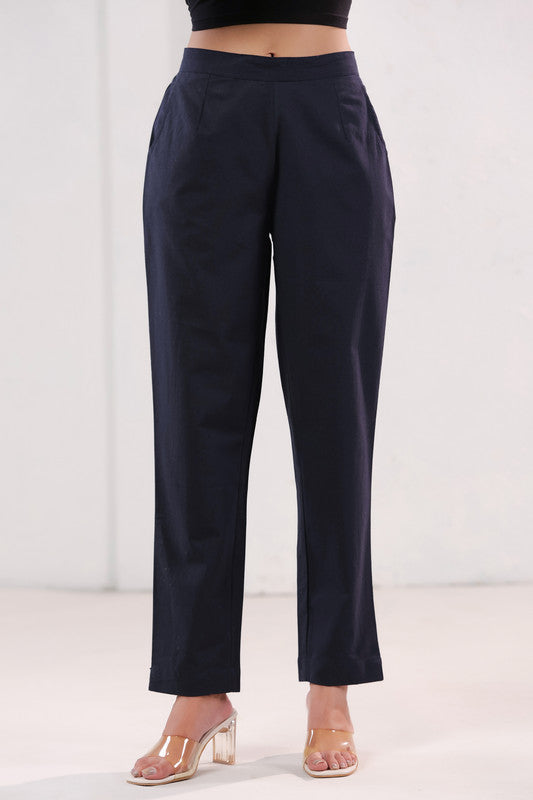 Smart Fit Navy Blue Straight Fit Formal Cotton Pants