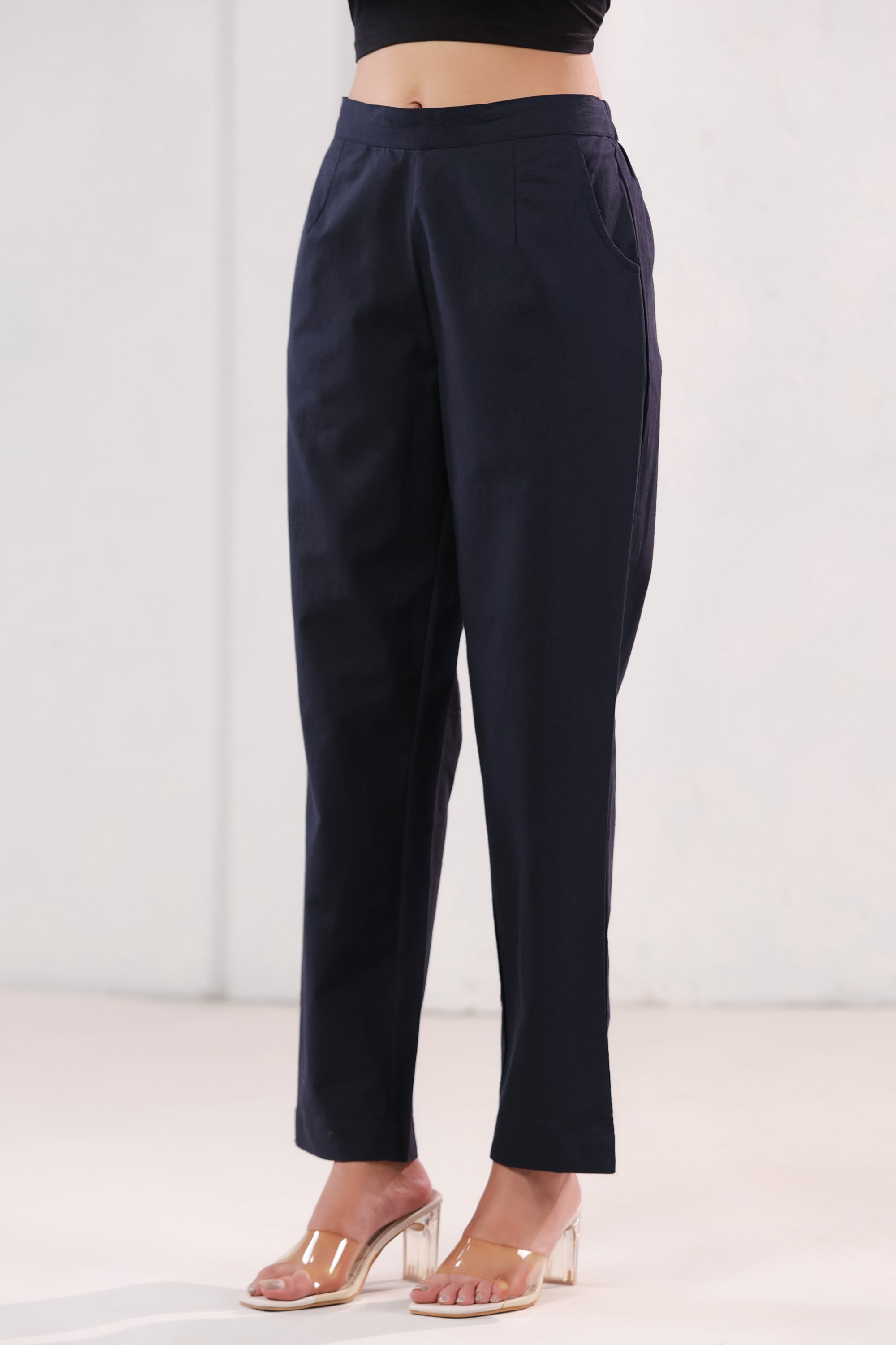 Smart Fit Navy Blue Straight Fit Formal Cotton Pants