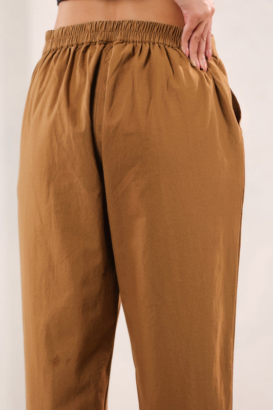 Solid Mustard Brown High Waist Straight Fit Cotton Pants