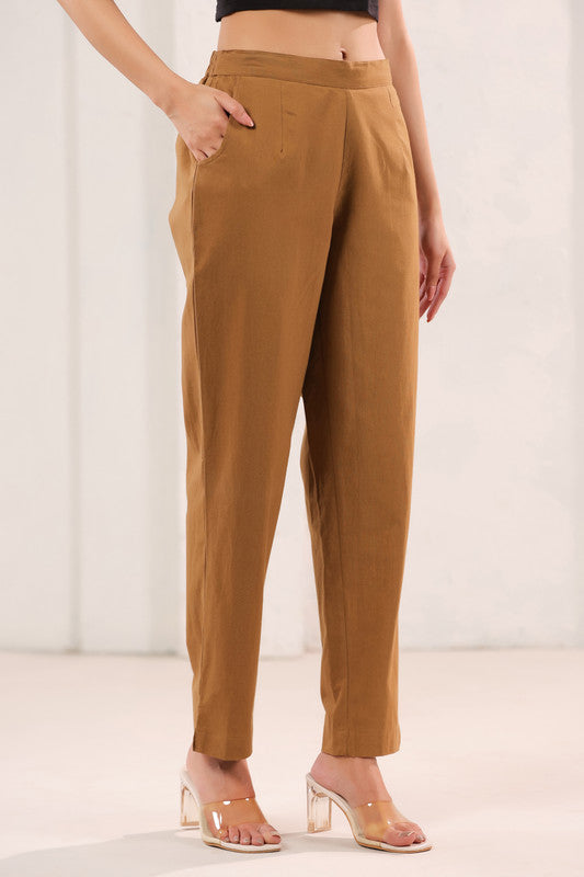 Solid Mustard Brown High Waist Straight Fit Cotton Pants