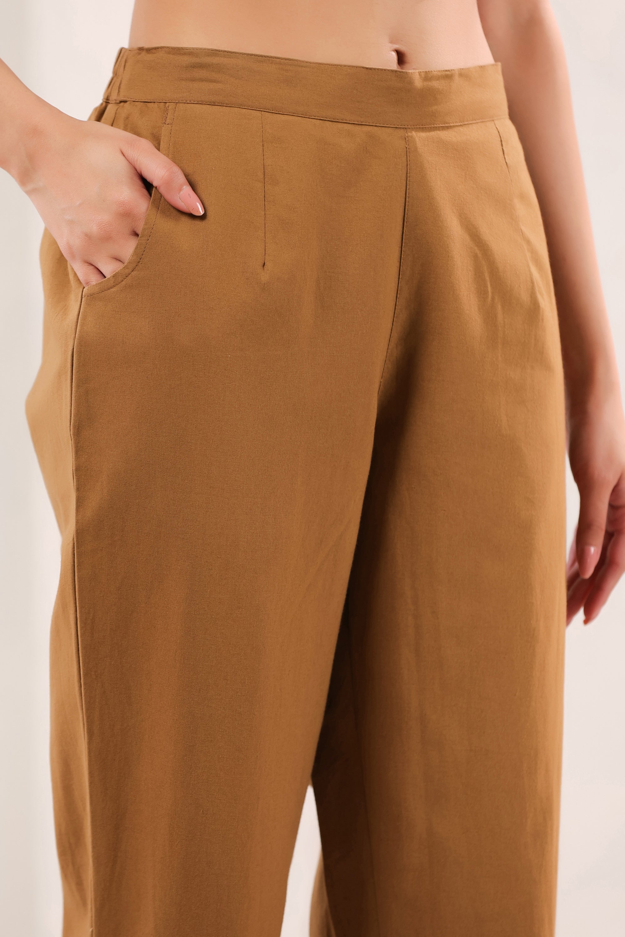 Solid Mustard Brown High Waist Straight Fit Cotton Pants