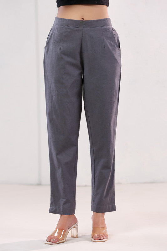 Elegant Solid Grey Ankle Length Straight Cotton Pants