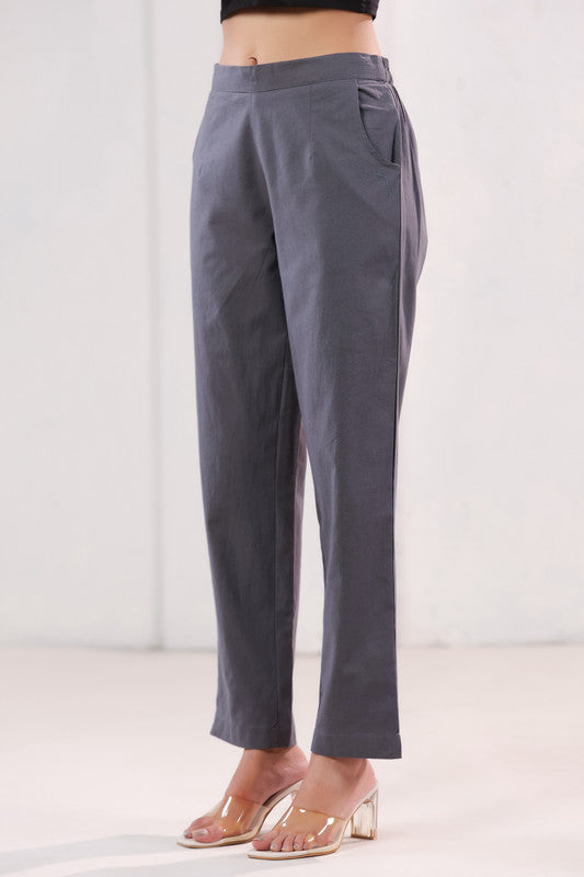 Elegant Solid Grey Ankle Length Straight Cotton Pants