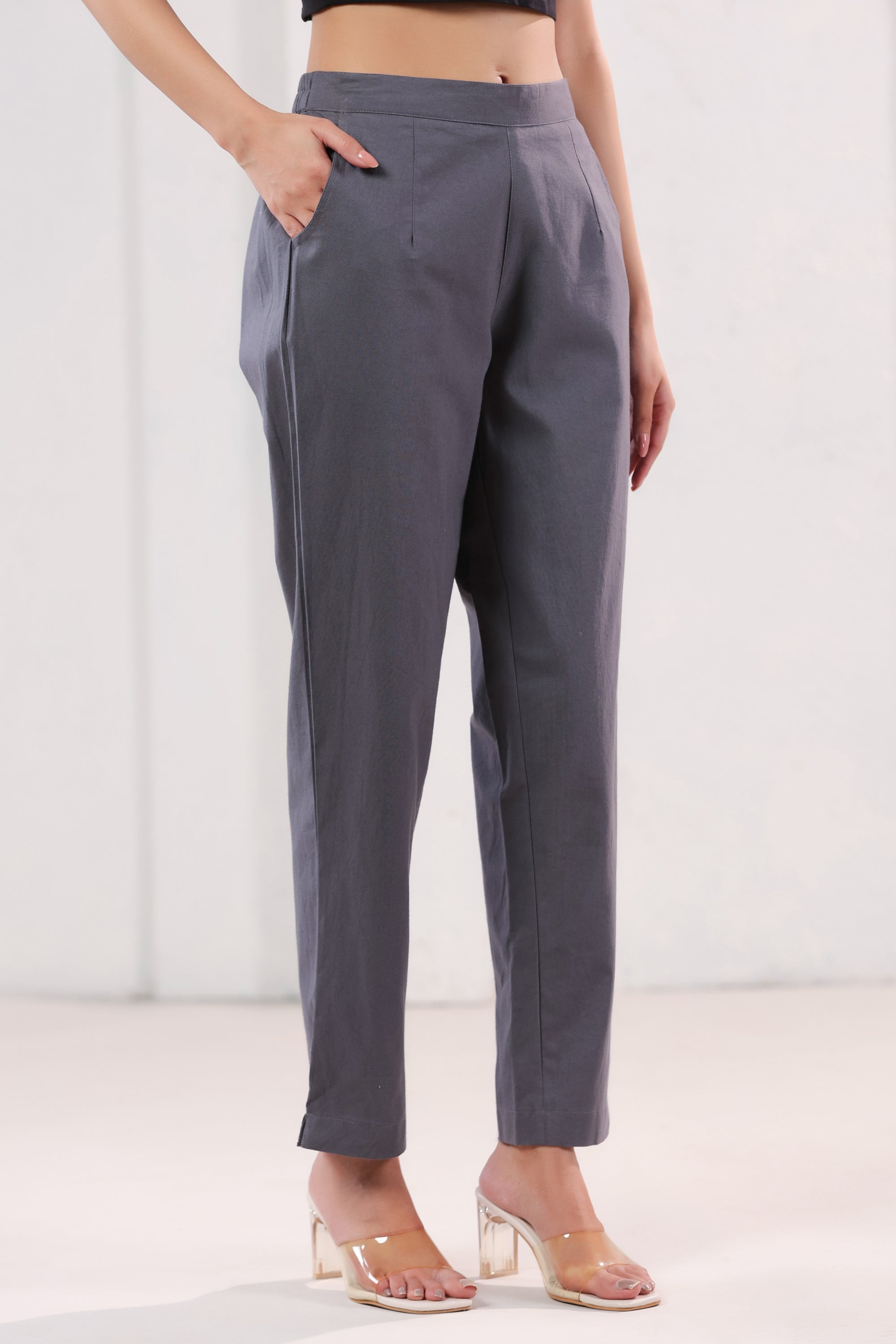 Elegant Solid Grey Ankle Length Straight Cotton Pants