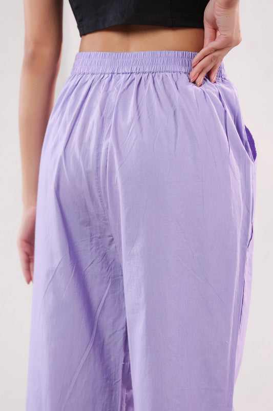 Solid Lavender High Waist Wide Leg Relaxed Fit Cotton Pants
