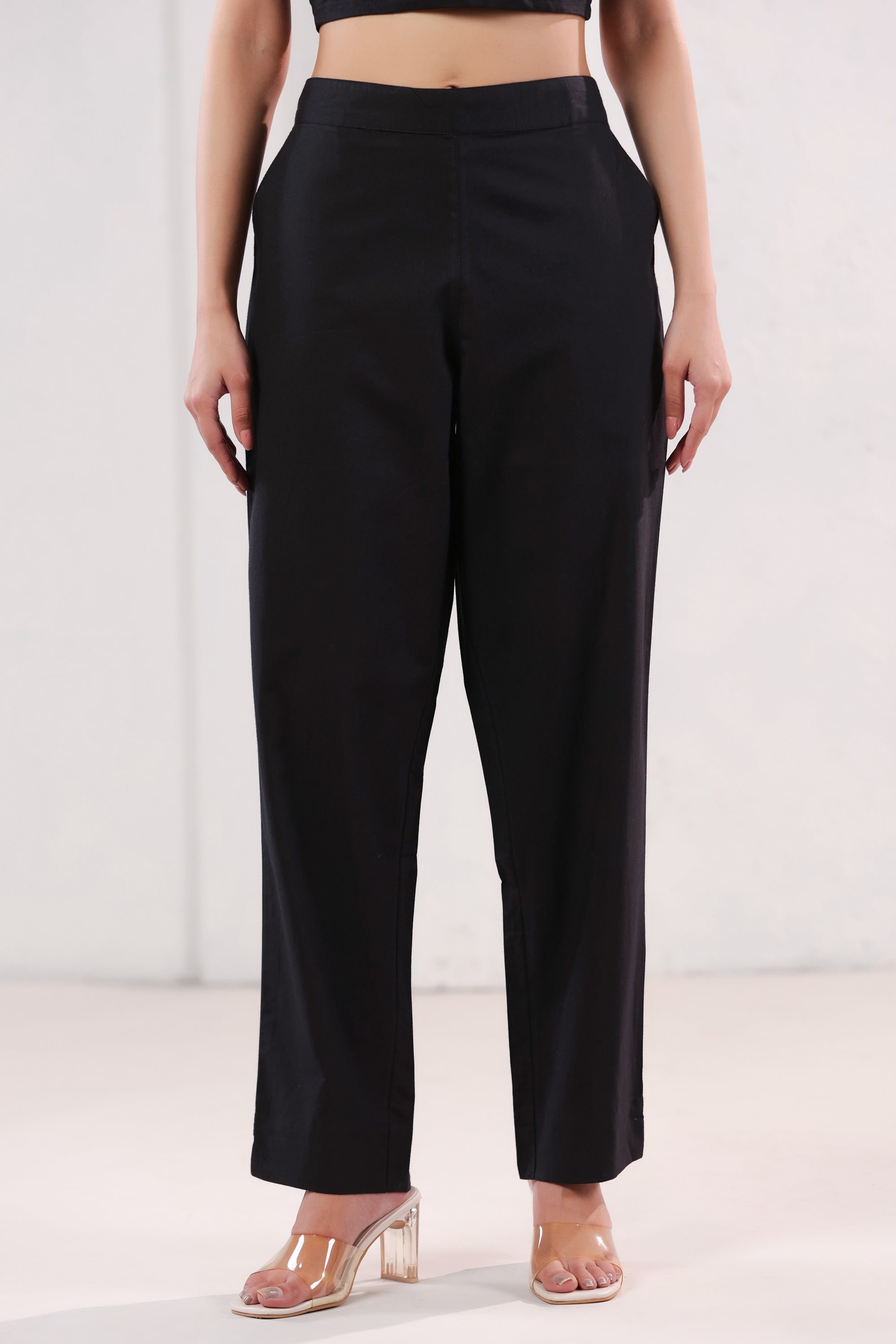 Solid Black Straight Ankle Length Cotton Pants