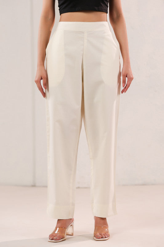 Solid Off-White High Waist Straight Fit Cotton Pants