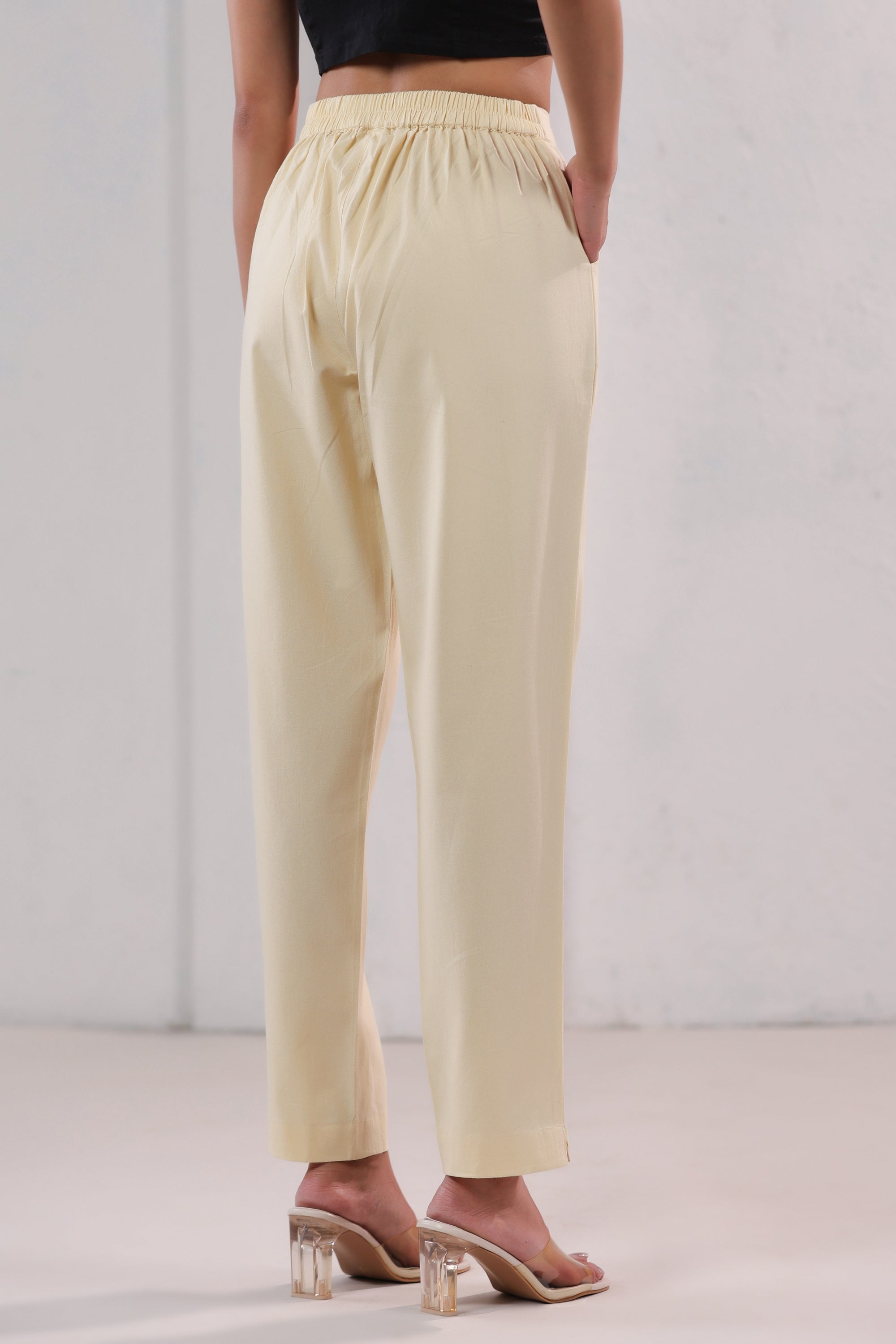 Solid Ivory Straight Fit Cotton Pants