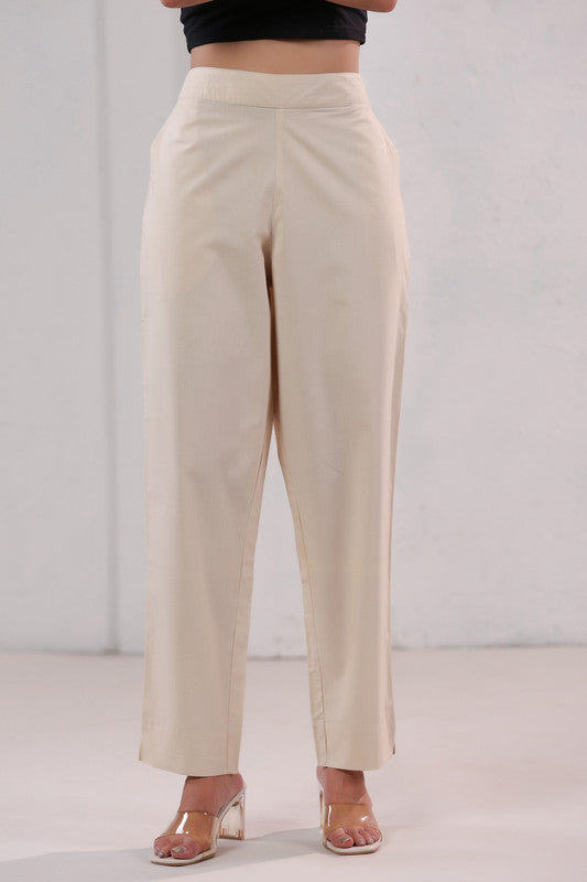Minimal Solid Beige Office Wear Straight Cotton Pants
