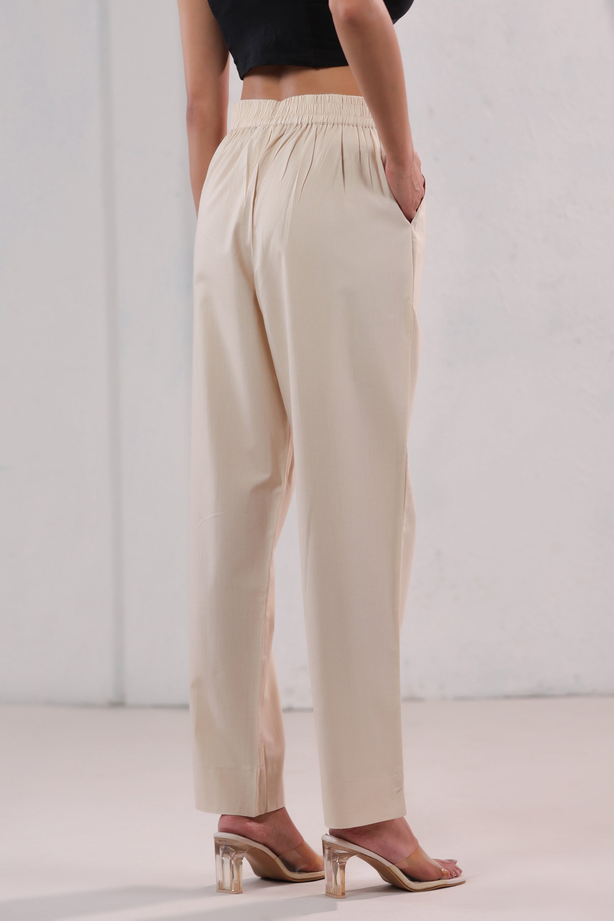 Minimal Solid Beige Office Wear Straight Cotton Pants