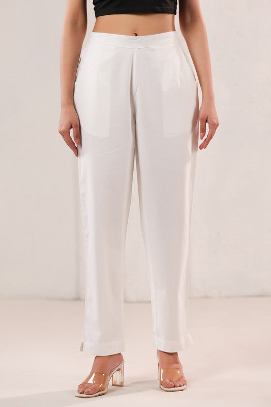 Solid White Straight Fit & Ankle Length Cotton Pants