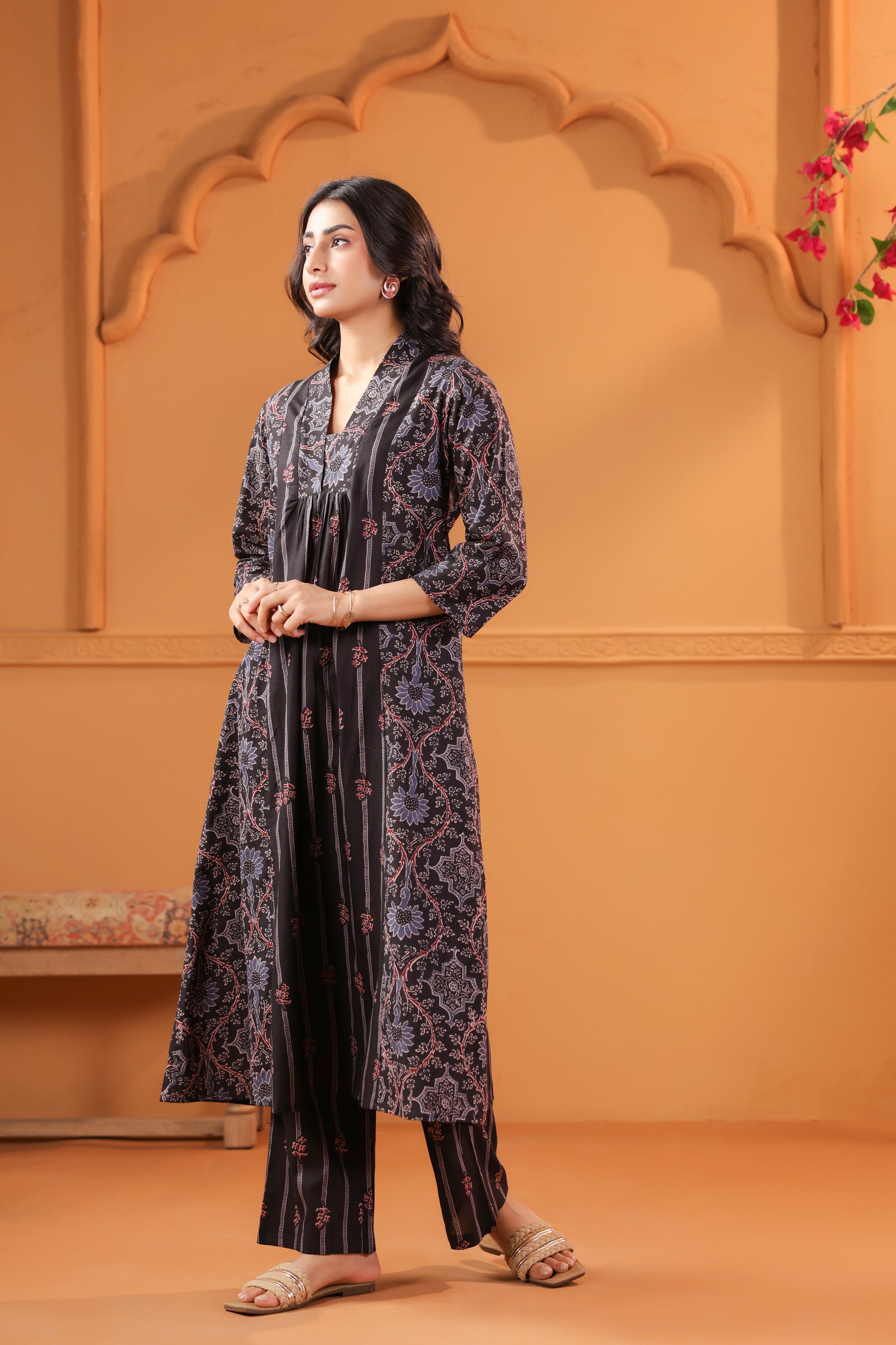 Black Classic Ajrakh Inspired Printed Cotton Kurta Set