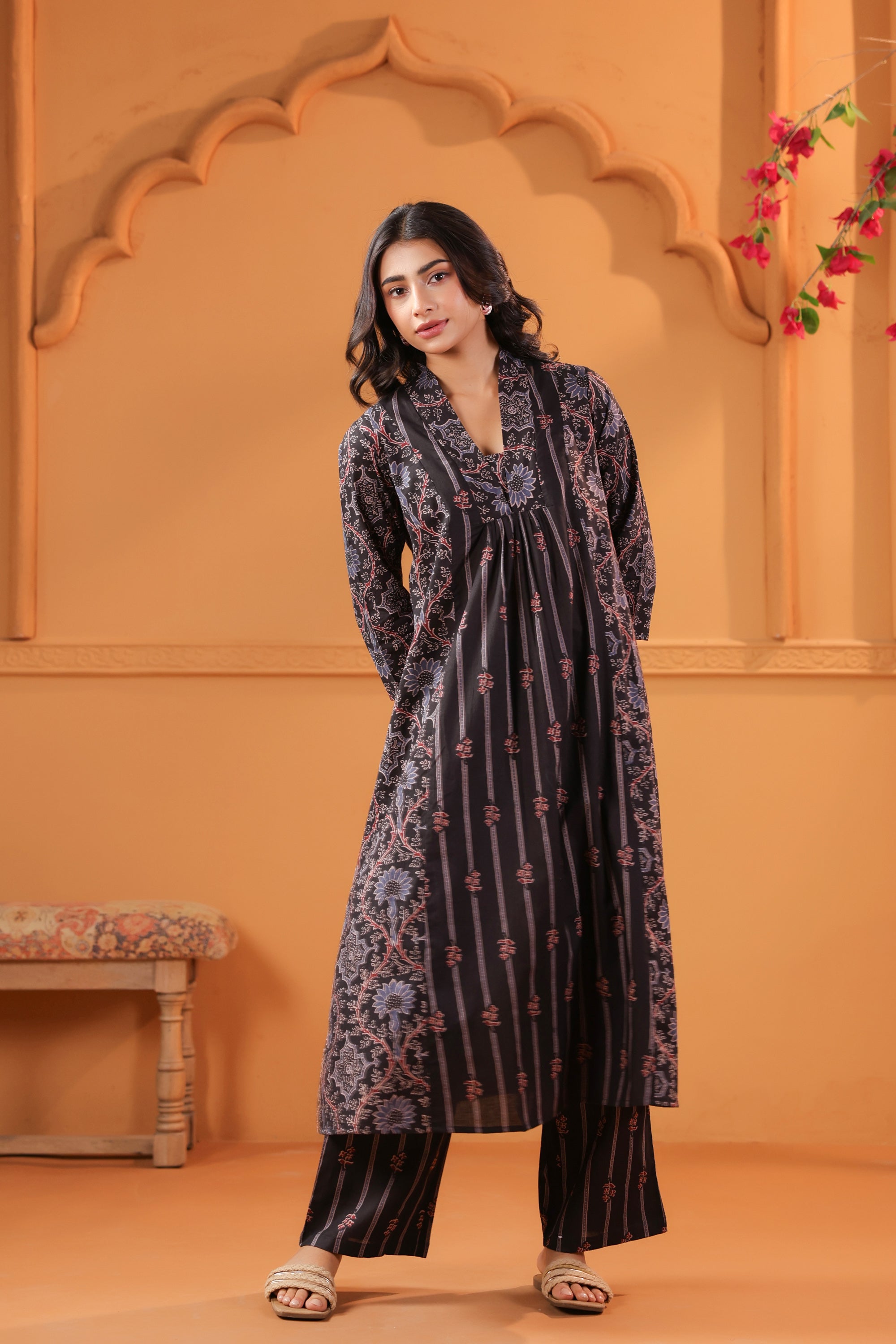 Black Classic Ajrakh Inspired Printed Cotton Kurta Set
