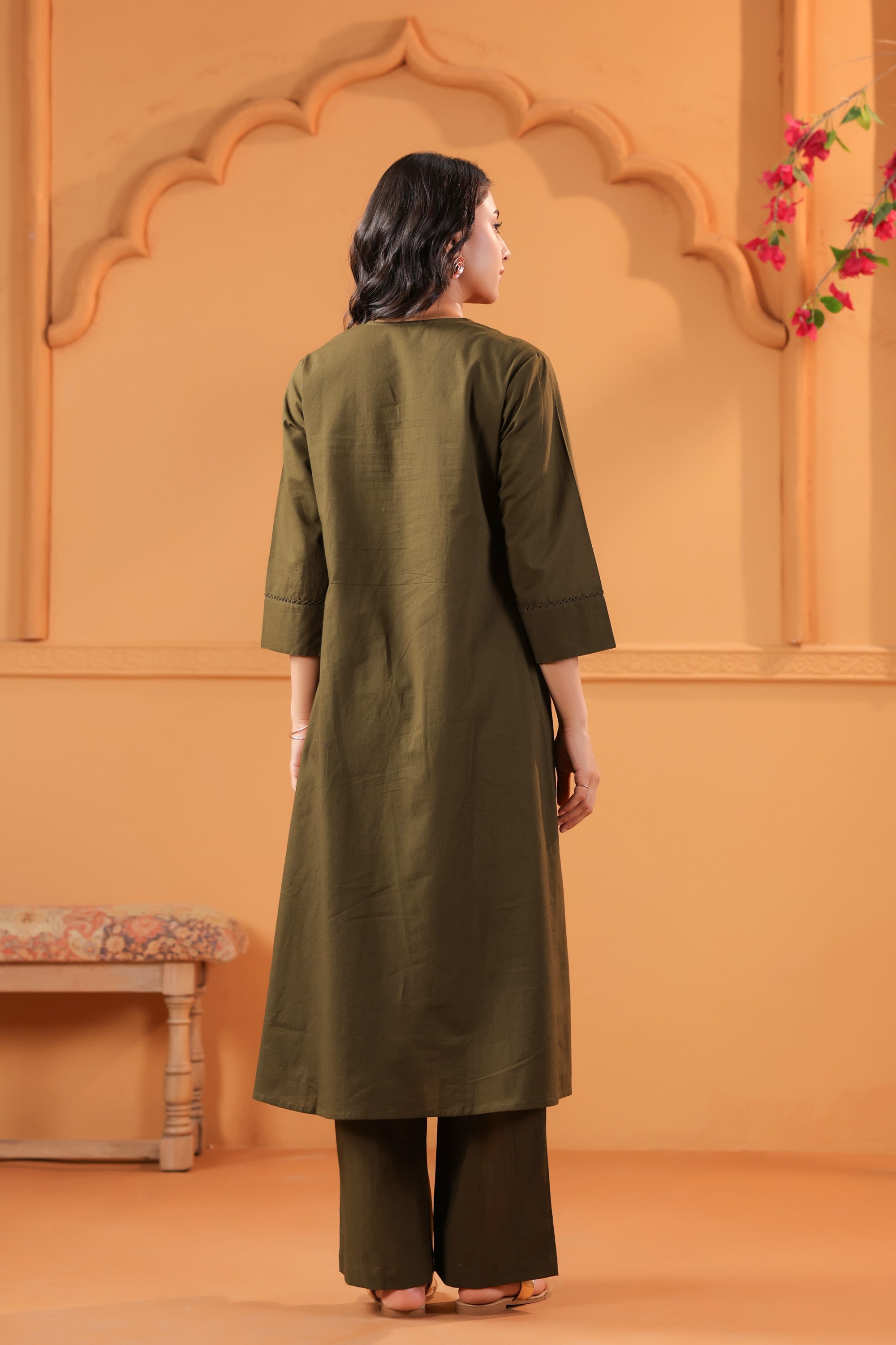 Olive Solid Cotton Minimal Pleated A-Line Kurta Set