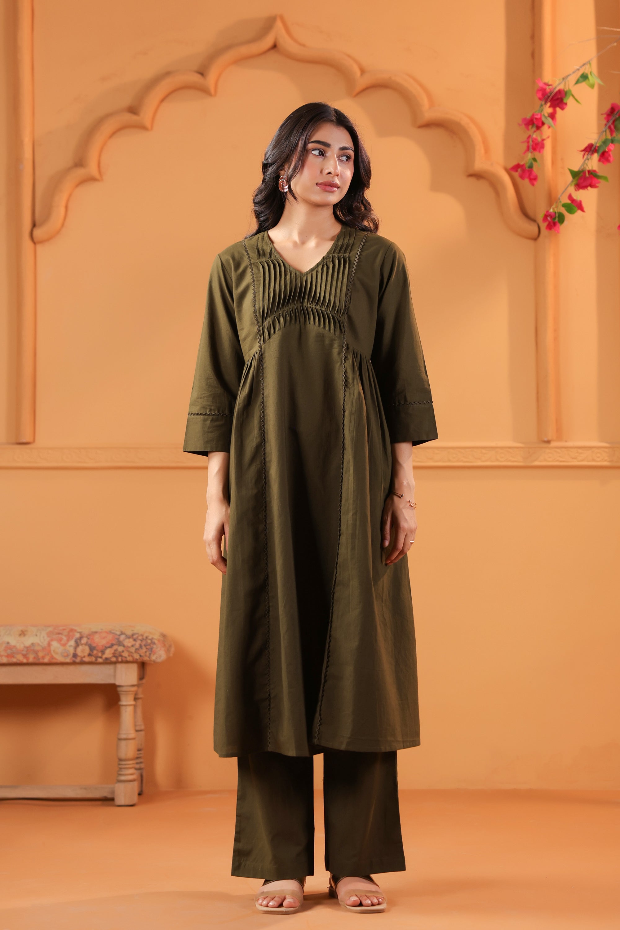Olive Solid Cotton Minimal Pleated A-Line Kurta Set