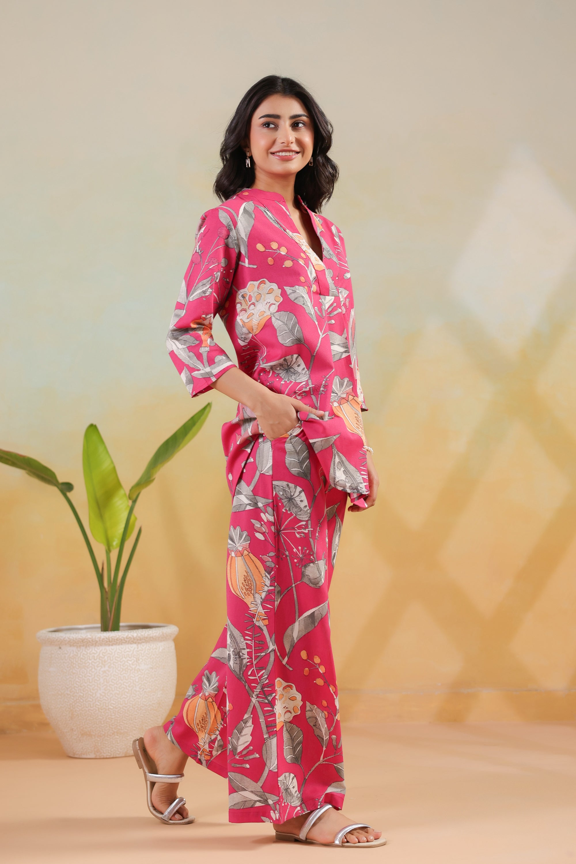 Pink Tropical Leaf Printed Cotton Flex Regular Fit Co-ord Set