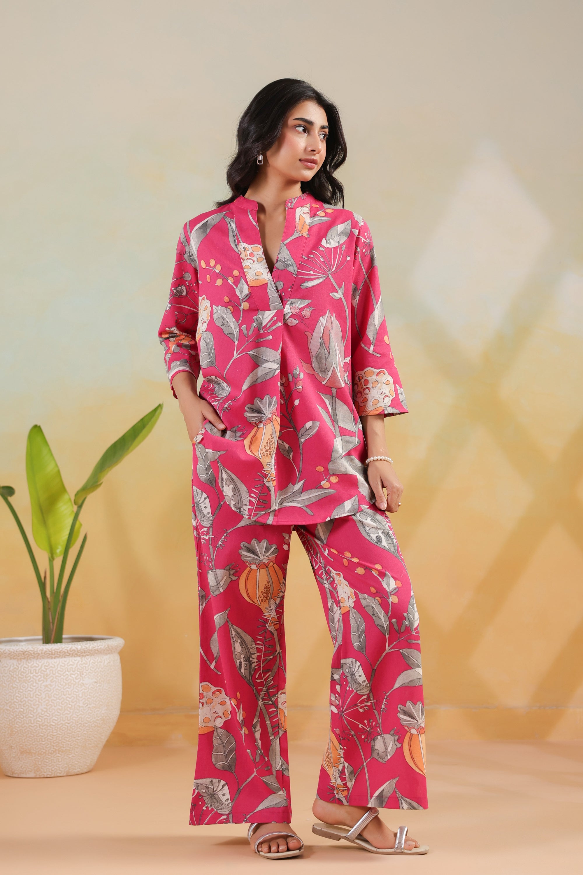 Pink Tropical Leaf Printed Cotton Flex Regular Fit Co-ord Set