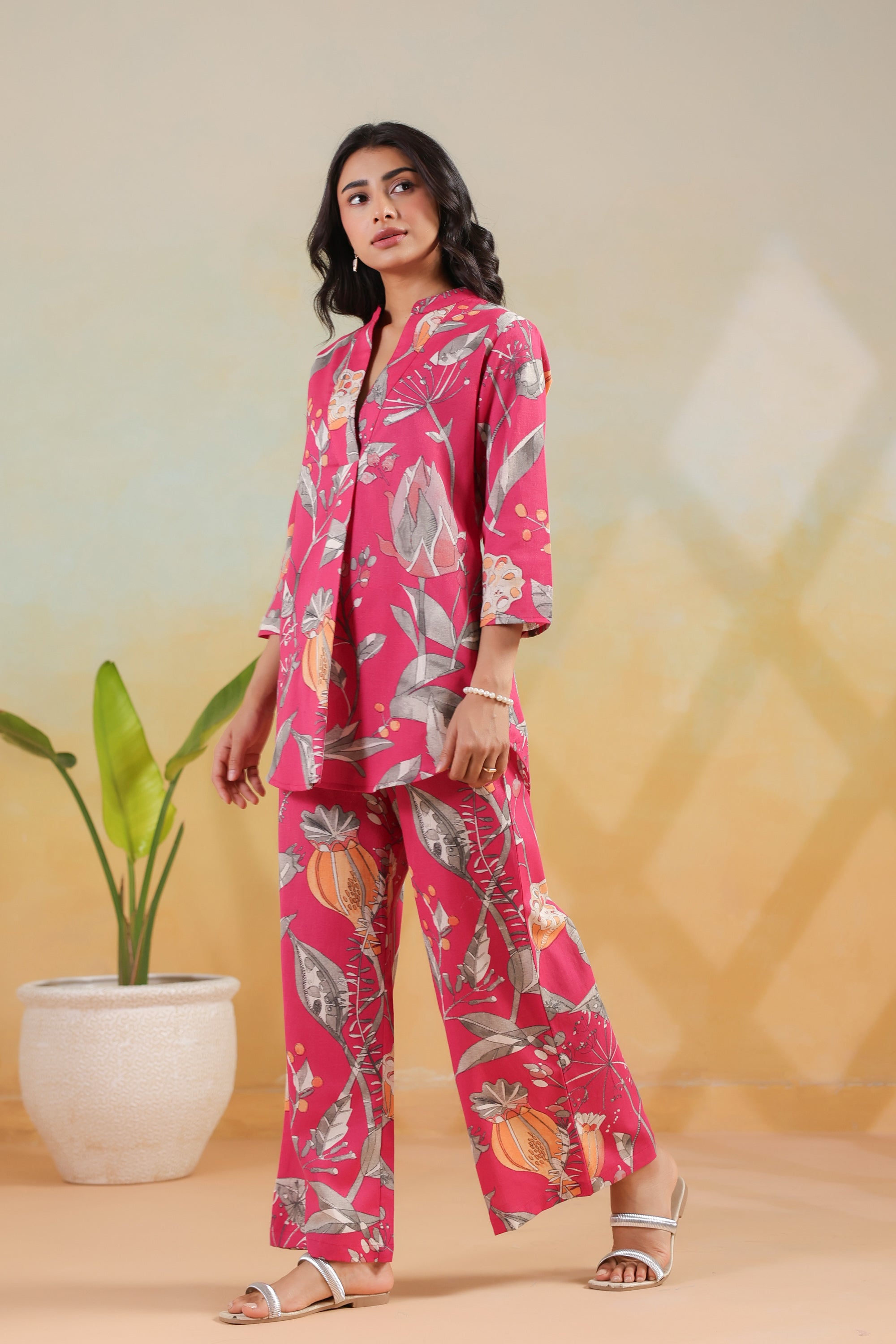 Pink Tropical Leaf Printed Cotton Flex Regular Fit Co-ord Set