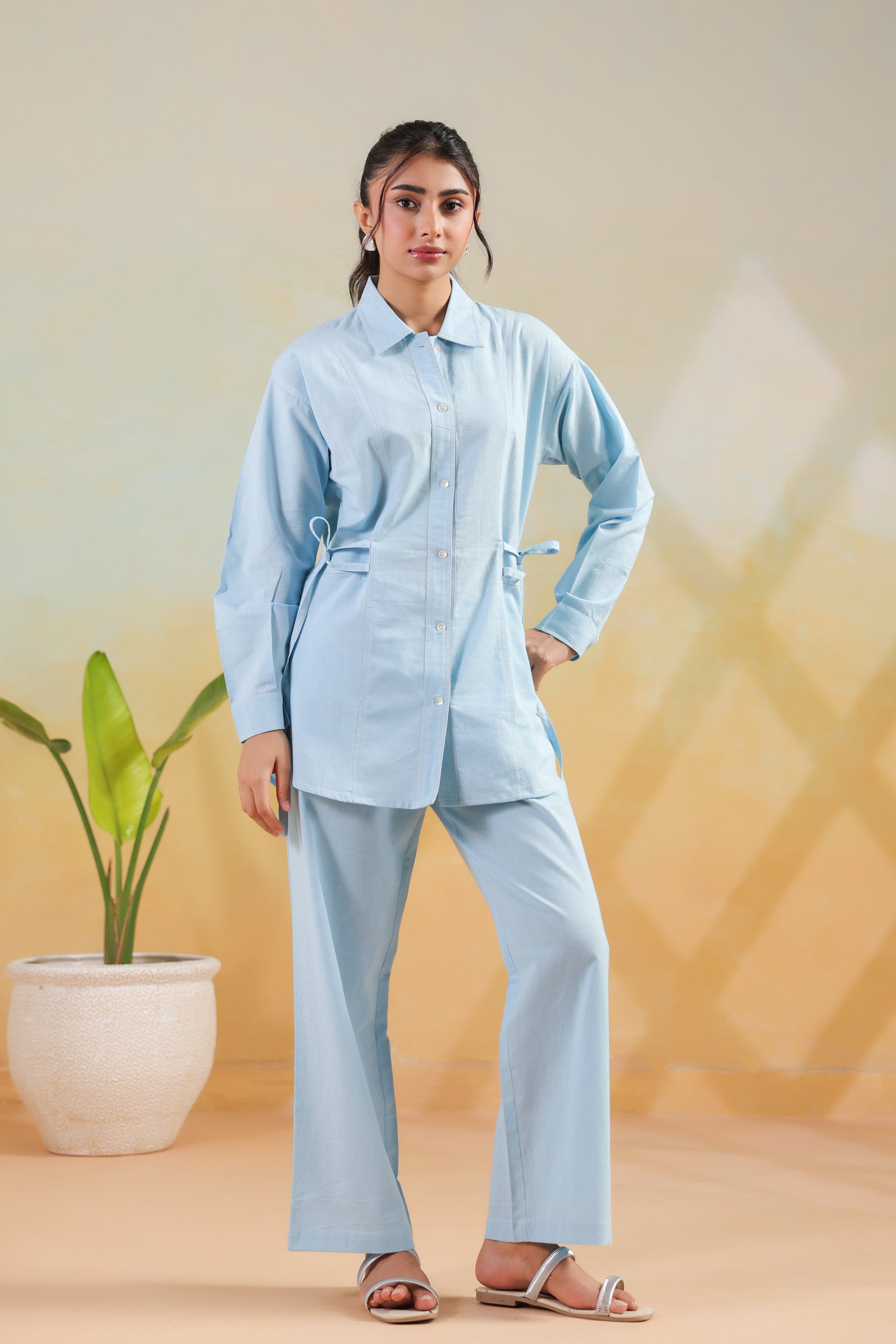 Sky Blue Solid Cotton Flex Shirt Style Waist-Tie Co-ord Set