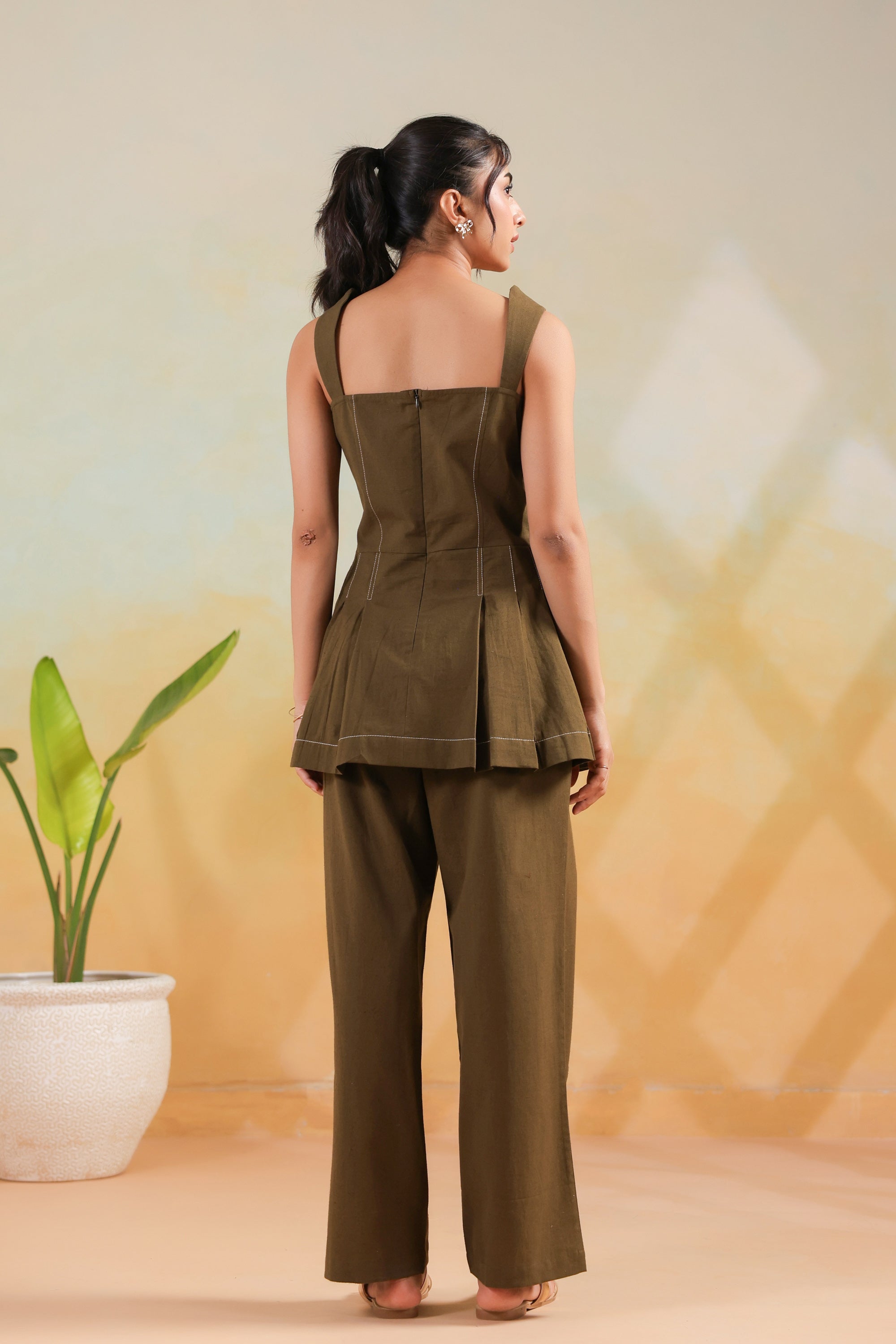 Olive Soid Cotton Flex Structured Peplum Designer Co-ord Set with Straight Pants