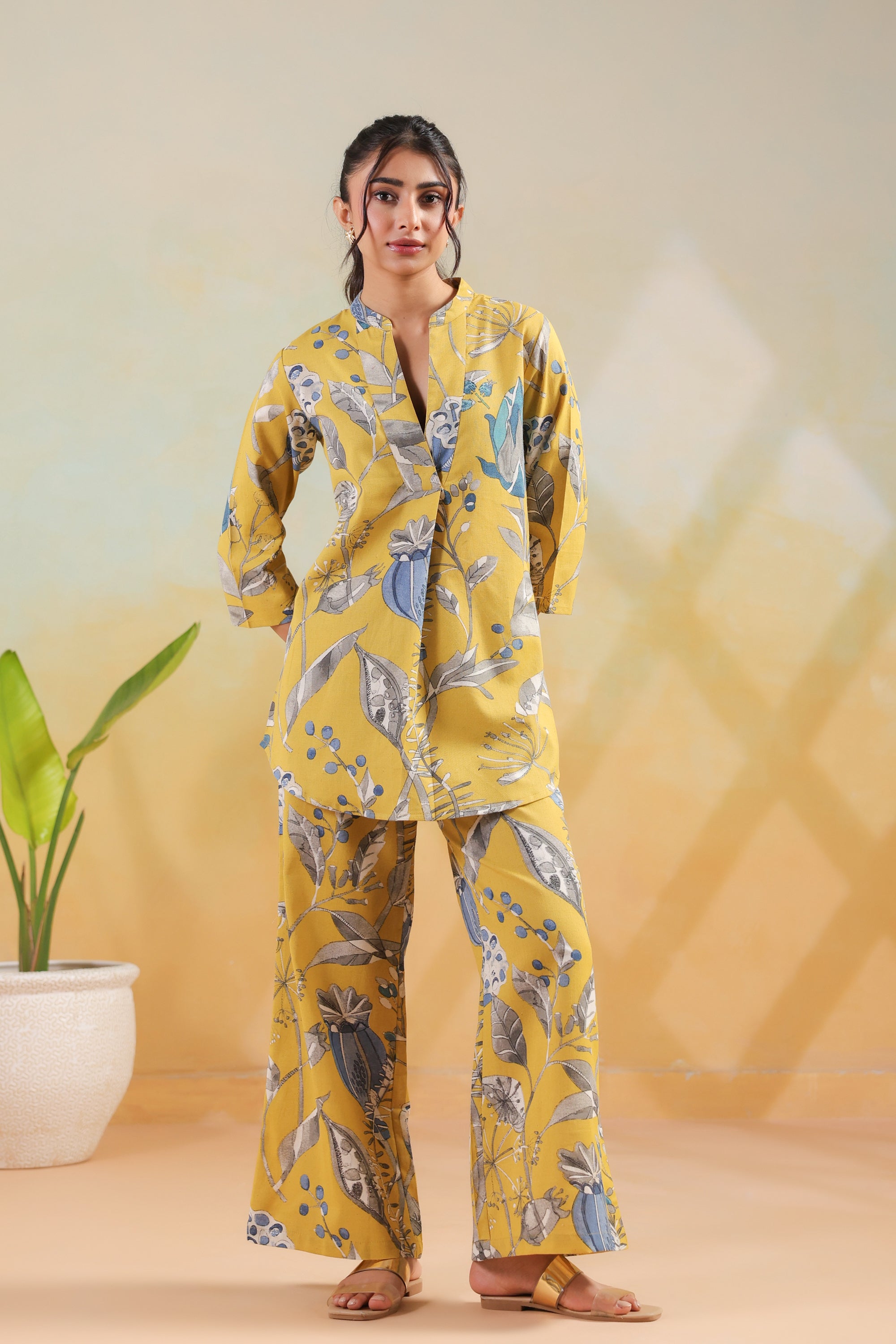 Mustard Sunshine Floral Leaf Printed Regular Fit Cotton Flex Co-ord Set
