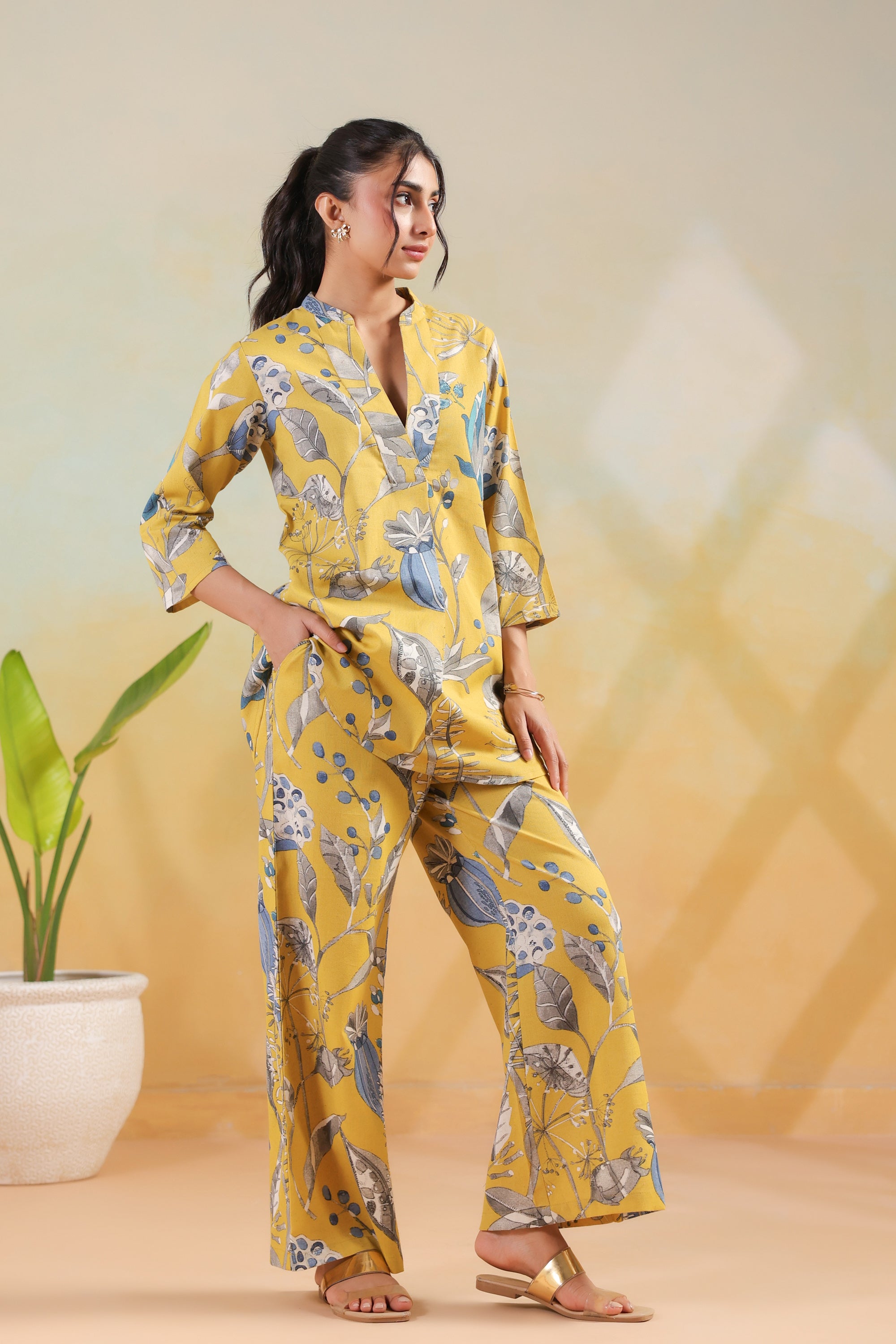 Mustard Sunshine Floral Leaf Printed Regular Fit Cotton Flex Co-ord Set