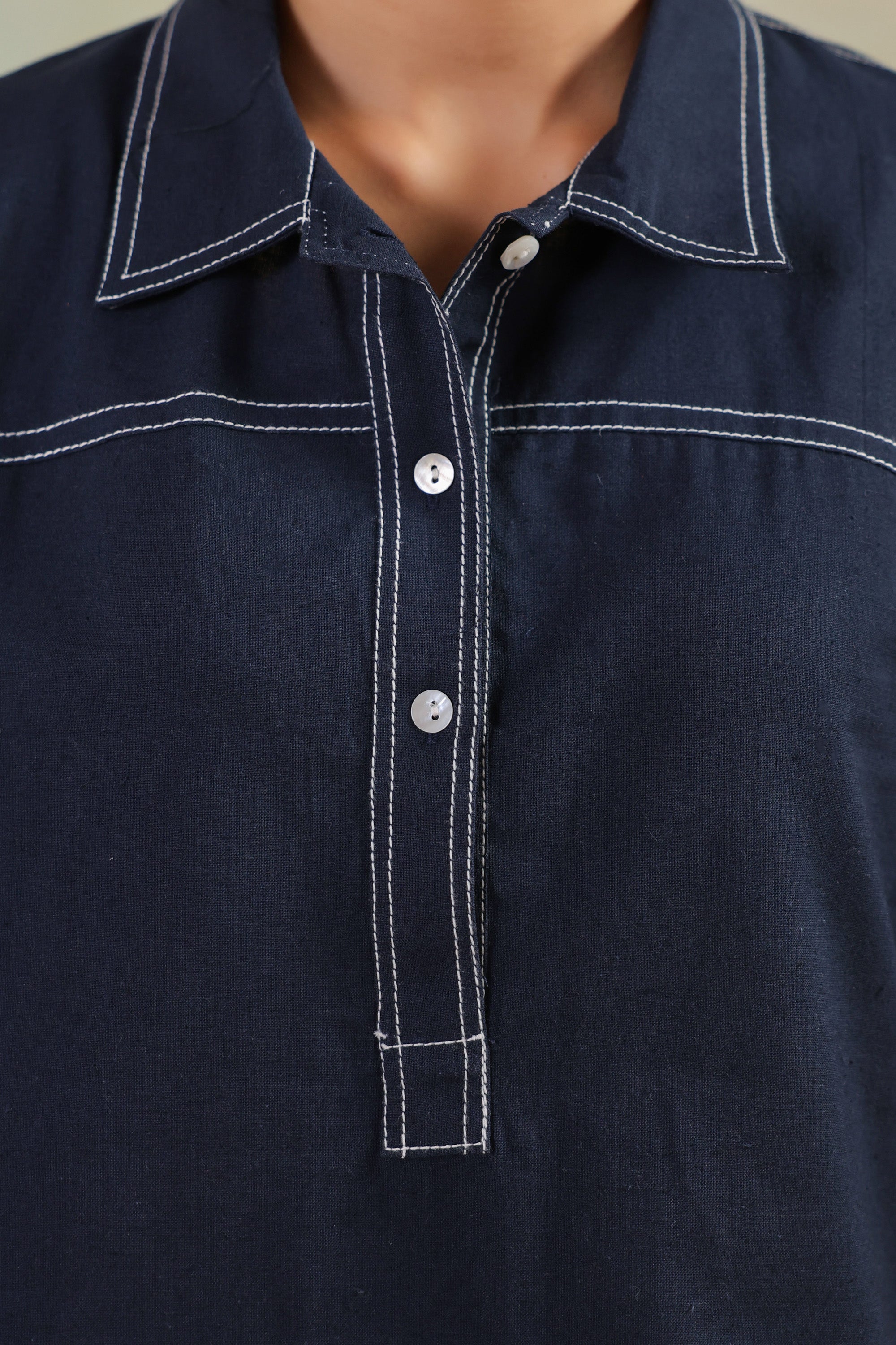 Blue Classic Navy Stitch Detail Solid Casual Cotton Flex Co-ord Set