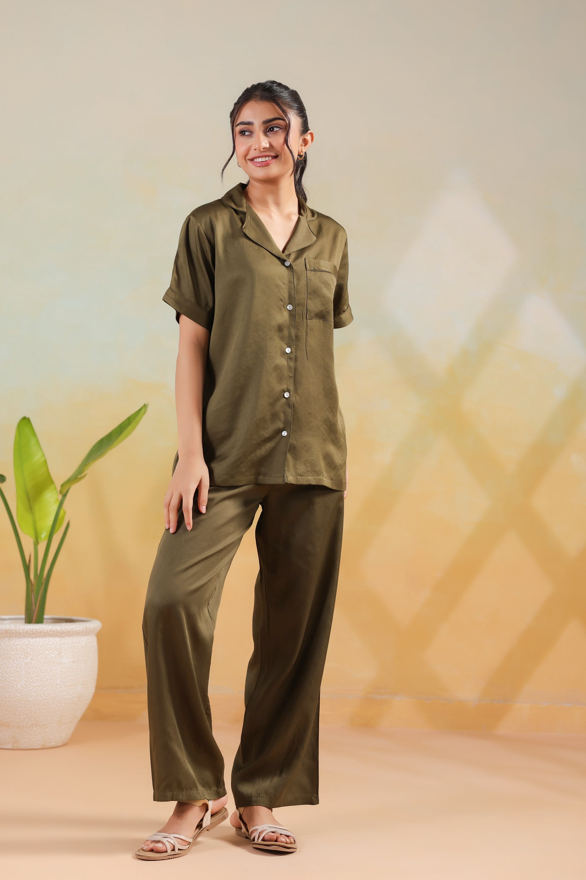 Olive Solid Button-Down Shirt Style Cotton Sleepwear Night Suit Set