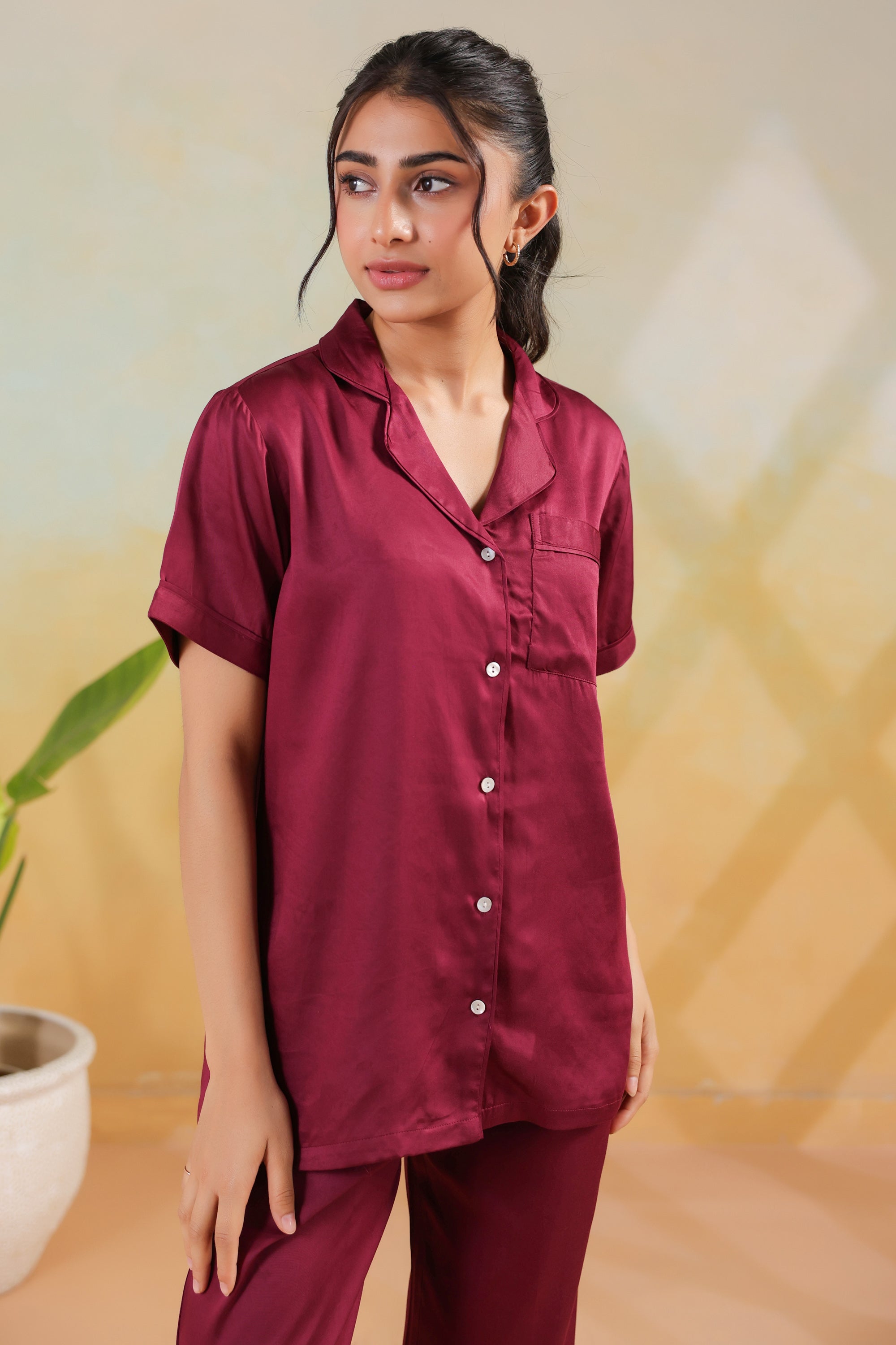 Wine Solid Shirt Comfort Cotton Nightwear Night Suit Set