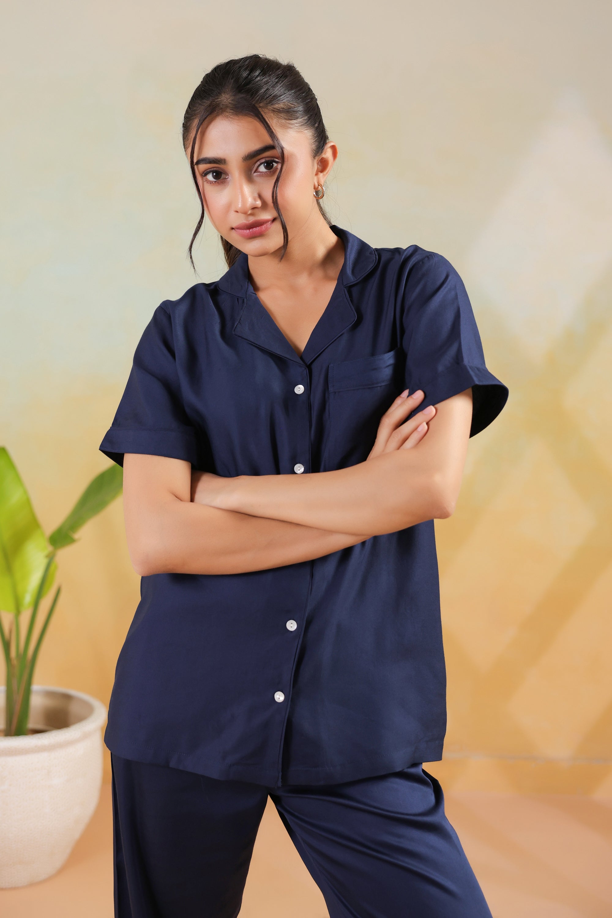 Navy Blue Solid Cotton Short Sleeve Shirt Button-Down Night Suit Set