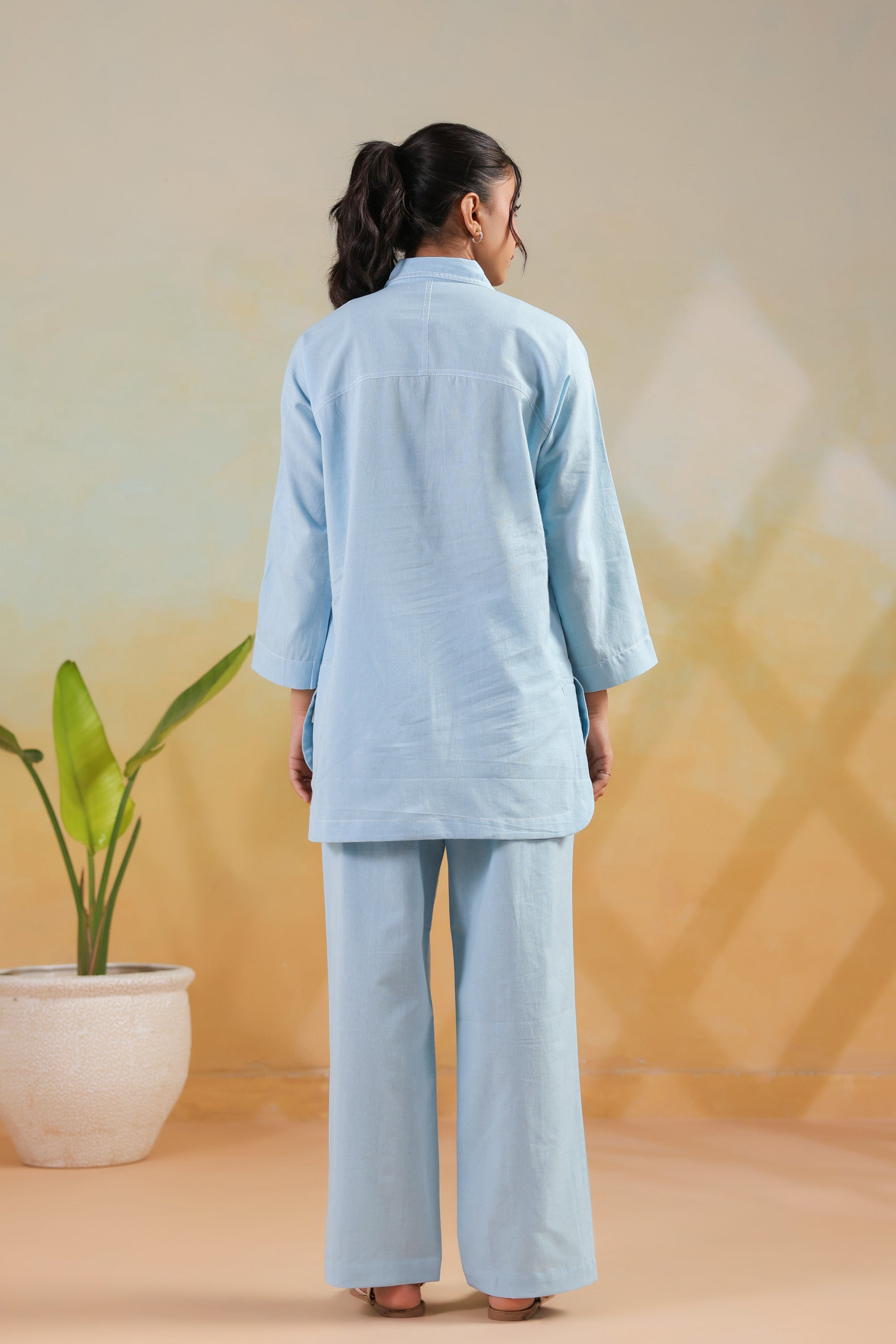 Light Blue Buttoned Modern Solid Classic Shirt Style Cotton Flex Co-ord Set