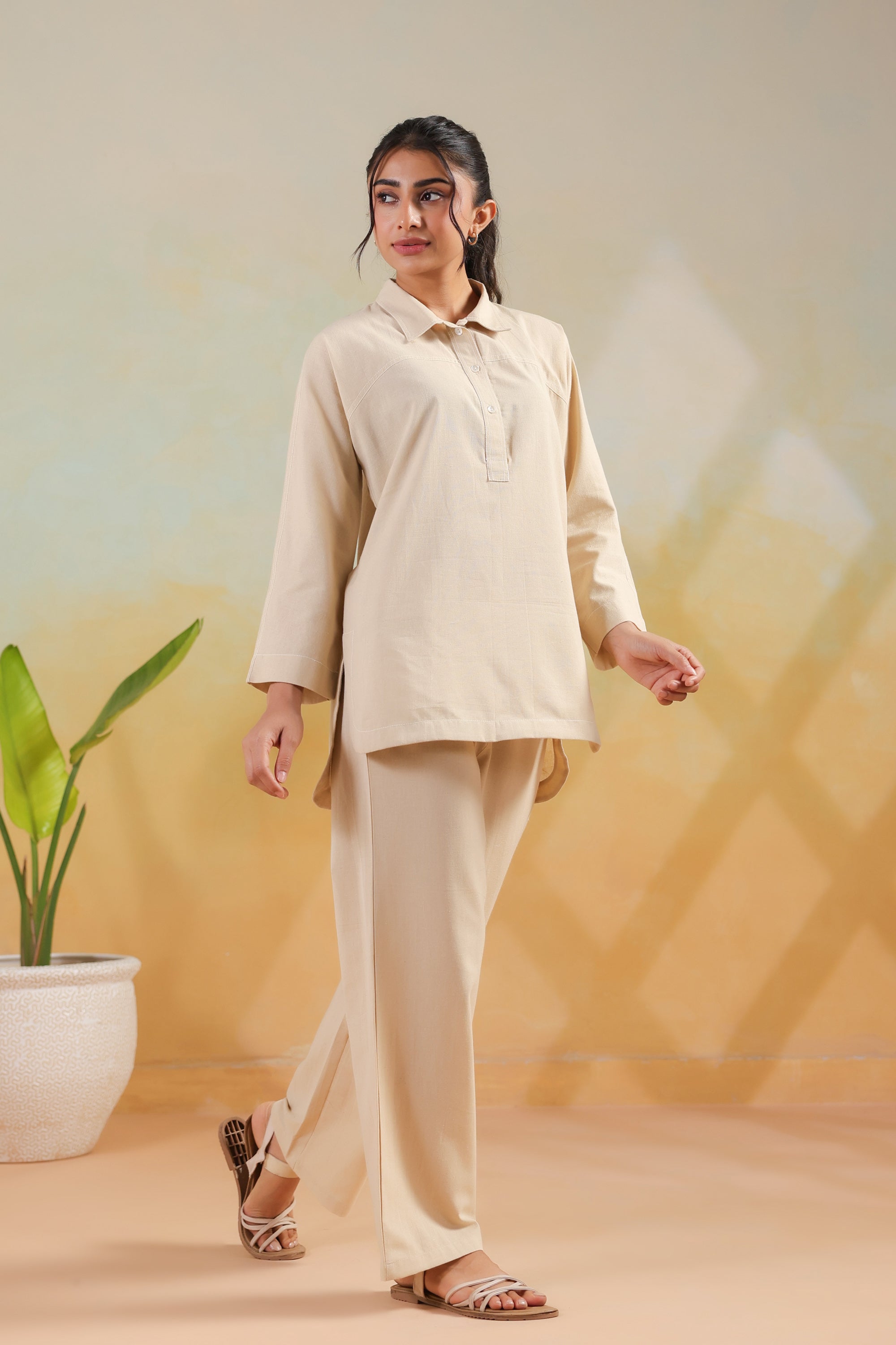 Beige Solid Cotton Flex Shirt Style Everyday Comfort Co-ord Set