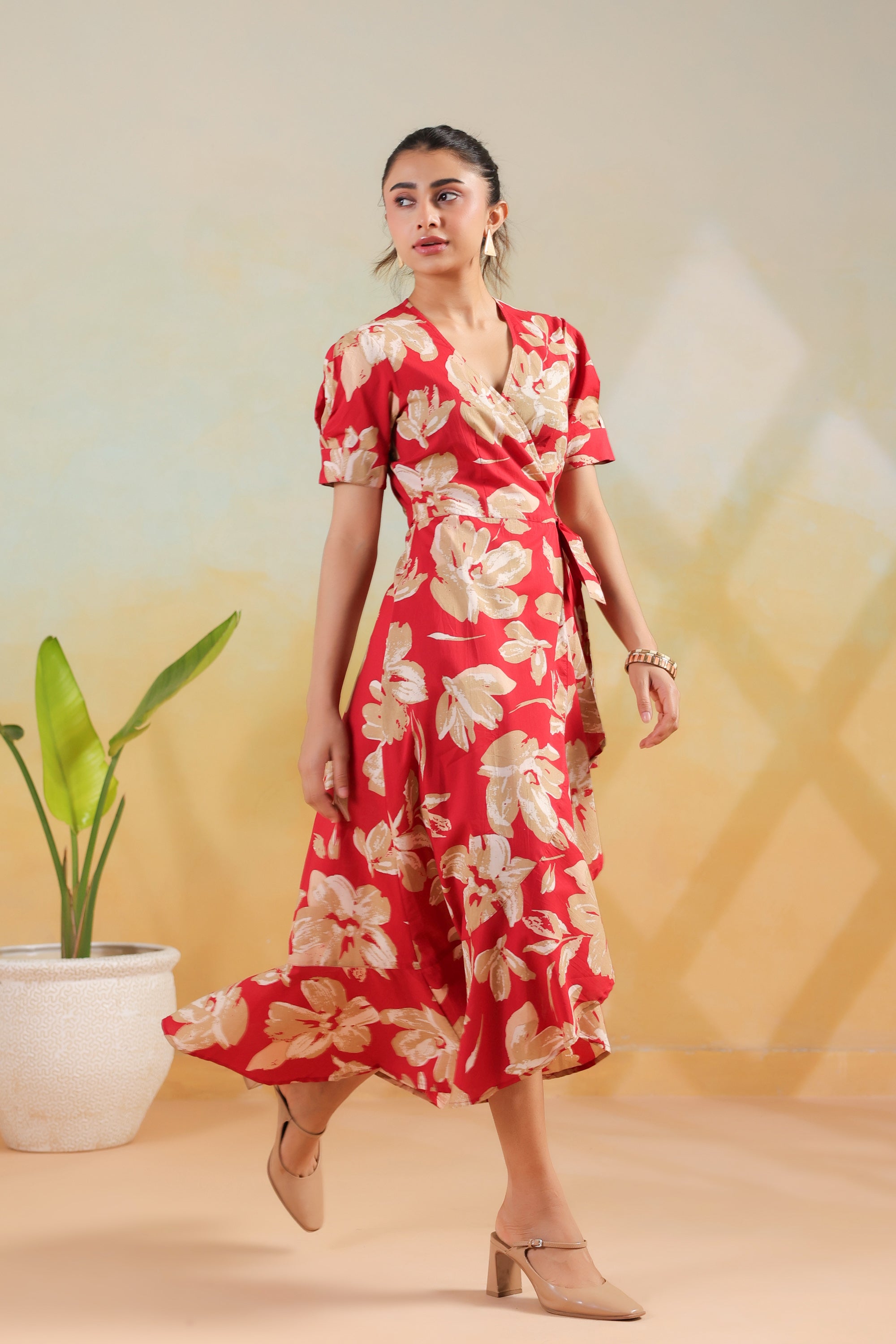 Red Floral Printed Cotton Wrap Style Dress with Tie Detail